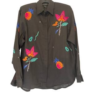 Suzelle Vintage Women's 100% Ramie Button Down Embroidery Floral Shirt Size 4